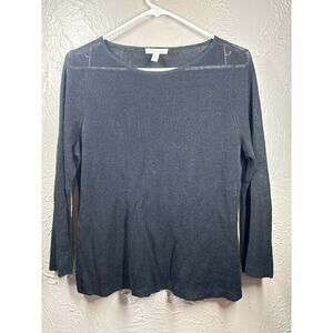Eileen Fisher Linen Nylon Blend Black Knit Top Shirt Organic Cotton Womens Sz M